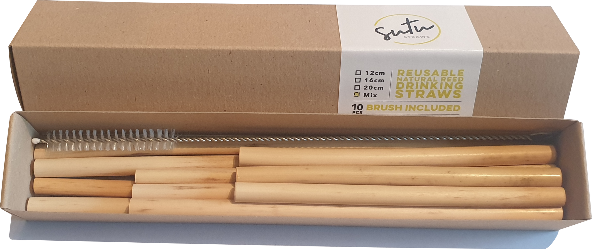 Sutu Natural Reed Drinking Straws - 10x Mixed Length plus Cleaning Brush (12, 16 & 20cm)