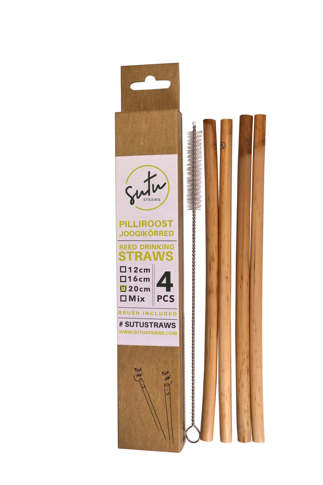 Sutu Natural Reed Drinking Straws - 4x 20cm plus Cleaning Brush